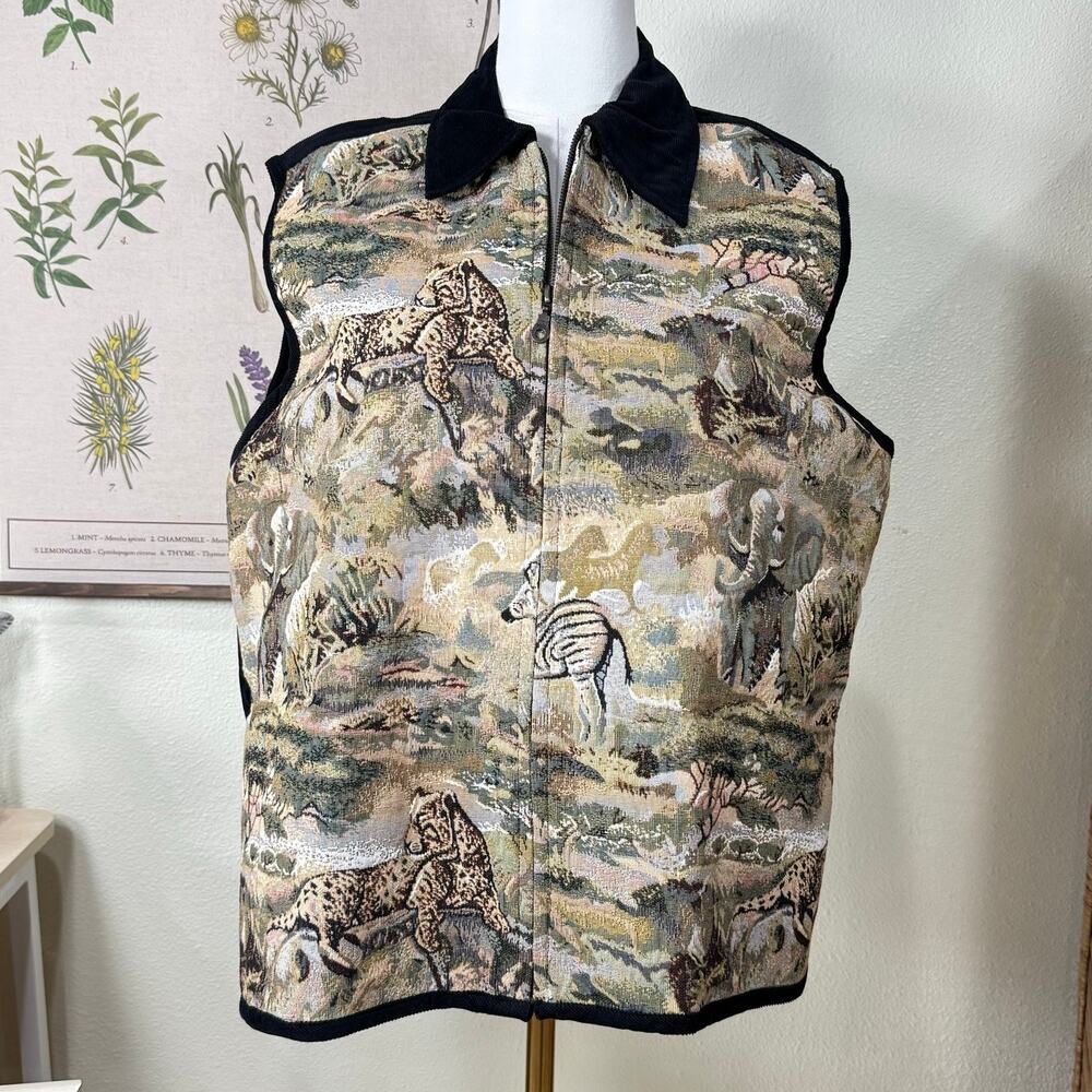 Vintage 90s Y2k African Animals Tapestry Full Zip Vest Grandma Safari Novelty 1X